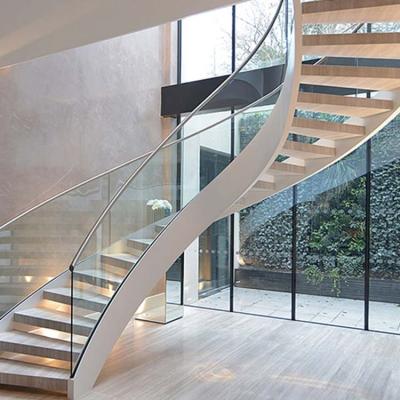 China Modern Indoor Steel Structure Wooden Tread Glass Tread Curved Stairs Foshan Factory for sale