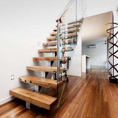 China Modern Steel Wood Tread And Glass Balustrade With Simple Square Tube Straight Staircase for sale