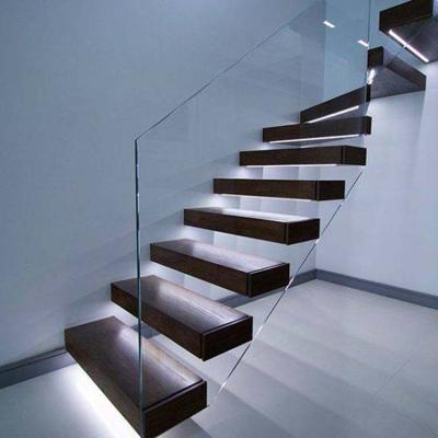 China Traditional DIY Floating Stairs With Wood Tread Tempered Clear Glass Railing for sale