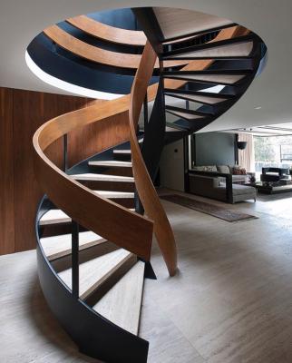 China Modern interior steel structure with wooden step spiral staircase for sale