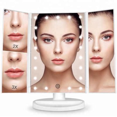 China Desktop Cosmetic 22 LED Adjustable Three Folding Table Lamp Lighted LED Lighted Makeup Mirror for sale