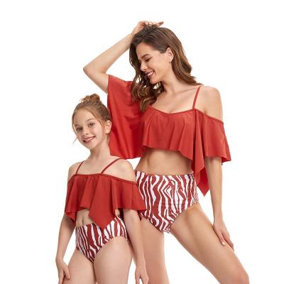 China 2021 Breathable Off The Shoulder Ruffles Throw Crop Cover Up Swimsuit Mom I Set Beach Outfit Family Matching Mom And Daughter Swimwear for sale