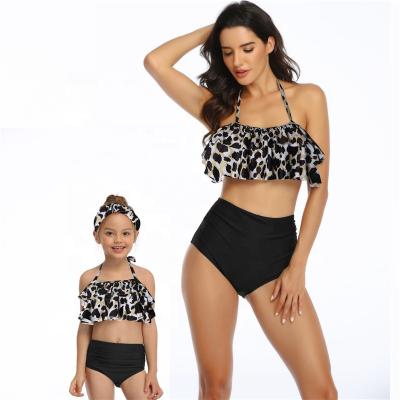 China 2021 Ruffles Breathable Leopard Dot Crop Halter Bathing Suit Floral Mom I Set Matching Mom And Daughter Beachwear Family Swimwear for sale