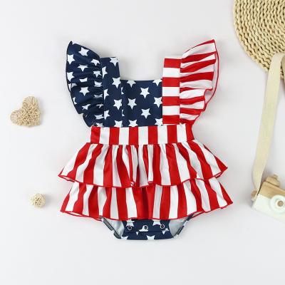 China Spandex/Polyester Independence Day Apparel Ruffles Throw Cute Fly Sleeve Knit Rompers Toddler Babies Kids Romper Jumpsuits for sale