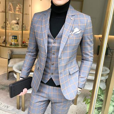 China Men's Plaid Suits Men's Suits Anti-Wrinkle Formal Stylish Three-Piece Suits Gray Color Birthday Tweed Suit for sale