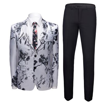 China Anti-Wrinkle Work Business Casual 2 Piece Breeches Suit Designs Blazer Flower For Men Suit White African Jacquard for sale