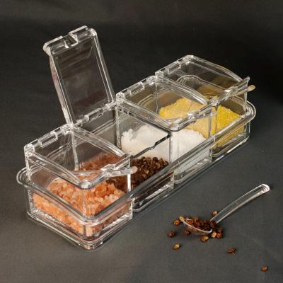 China 4 Piece Boxed Storage Sustainable Acrylic Seasoning Condiment Set With Cover And Spoon Holder Spice Seasoning Jar for sale