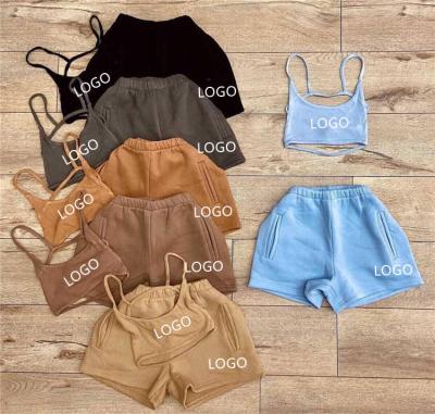 China Breathable NK Brand Logo Cotton Crop Top Sweat Shorts Outfits Two Piece Pants Set Women Short for sale