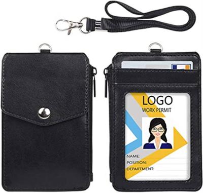 China Fashionable Nylon ID Lanyard Leather Badge Holder with Zipper Pocket, ID Window and Card Slots for sale