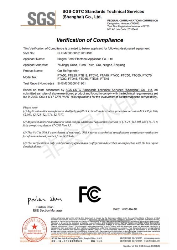 FCC - Ningbo Feter Electrical Appliance Co., Ltd.