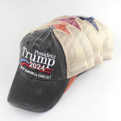 中国 Embroidery Donald Trump 2024 MAGA Trucker Cap Washed Cotton Mesh Hat Embroidered 販売のため