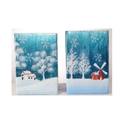 China Latest Design 2 Bulb Vase Hot Selling Luxury Blue Background Tree And House Winter Lit Glass for sale