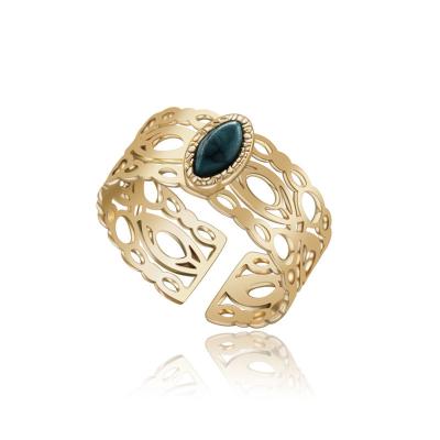 China Long Color Keeping European And American Retro New Personality Aperture 14k Gold Hollow Inlaid Turquoise Stainless Steel Ring for sale