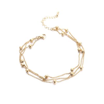 China Long Color Keeping Simple Korean Style Titanium Steel Plated 18K Gold Color Preserving Three Layers Round Gold Bead Couple Stainless Steel Bracelet for sale