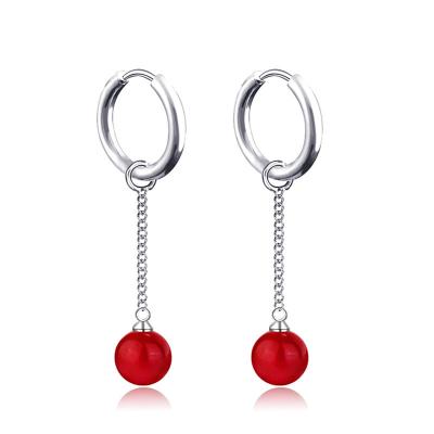 China High-grade Korean version of the simple and elegant titanium steel not easy to allergic red pearl ladies stainless steel earrings for sale