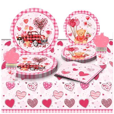 China Happy Valentine's Day Pink Valentine's Day themed dinner plate Paper cup Paper towel Knife fork spoon tablecloth Party disposable tableware set for sale