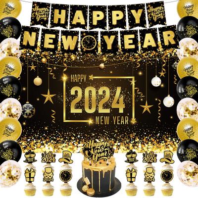 China New year 2024 Happy New Year theme Black gold pull flag background cake topper balloon party decoration set for sale