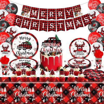 China Activity Decoration Etc Christmas red black paper plate cup tablecloth disposable christmas party tableware set for sale