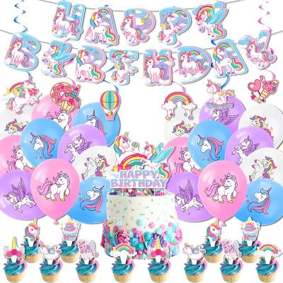 China Birthday 38 Pcs Birthday Unicorn Theme Happy Birthday Party Supplies Set With Banner Balloon Tablecloth Party for sale