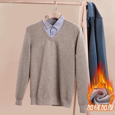 China Wholesale Anti-wrinkle winter knitted men's sweater plus size T-shirts thick velvet warmth men's T-shirt long-sleeved two-piece suit new for sale