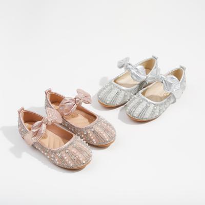 China VitaG Dropshipping Round Girls Princess Shoes Fall 2021 Cute Soft-soled Crystal Girls New Kids Small Flat Bow Single Shoes for sale