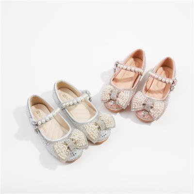 China VitaG Round Girls Princess Shoes 2021 New Autumn Little Girl's Pearl Bow Crystal Children's Style Ballet Soft Unique Western Flats for sale