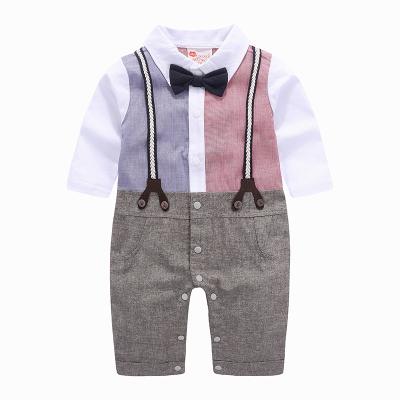 China VitaG Dropshipping Baby Boy Gentleman Suspeder Romper Anti-Shrink Cotton Long Sleeves Jumpsuit Outfit With Bow Tie for sale