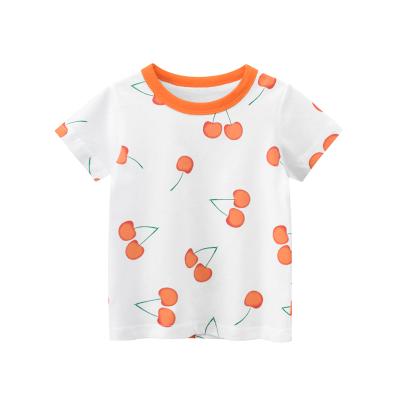 China VitaG Dropshippig Short Sleeve Anti-Shrink Girls 100 Cotton Kids Baby Comfy T-Shirts With Cherries Pattern And Orange Neckline for sale