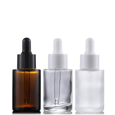 China Wholesale 30ml Recyclable Flat Glass Dropper Bottle Eco-friendly Amber Bottle For Cosmetic Packaging for sale