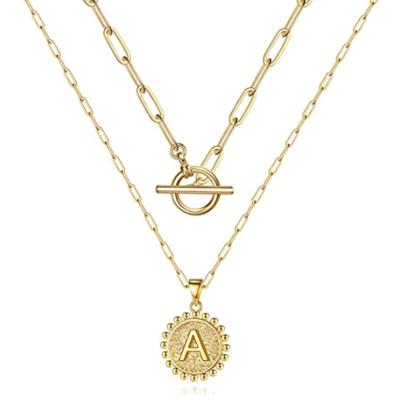 China Fashion Environmental Friendly Gold Layered Hexagon Initial Pendant Toggle Clasp Gold Chain Layering Necklaces For Women for sale