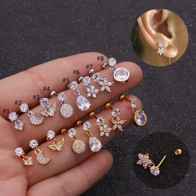 China 2021 new fashion flower moon lip ear stud heart piercing jewelry stainless steel helix earrings screw punk body for sale