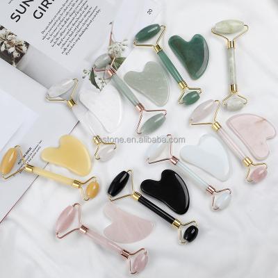 China Face Gua Sha Massage Jade Roller and Tool Kit for Rose Quartz Pink Aventurine Amethyst Obsidian Bulk Sale Gifts for sale