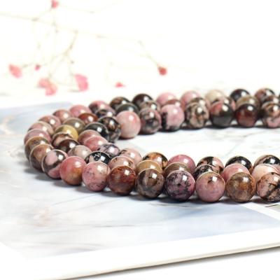 China Wholesale High Quality Polished Black Lace Rhodonite Web Pattern Stone Polished Natural Stone Round Loose Rhodochrosite Beads Strand for sale