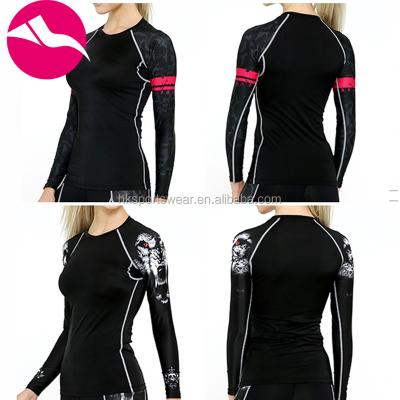 China Antibacterial Sublimated Long Rash Guards Women, Tattoo Printed Sports Thermal Rash Guards, Girl Training and Jogging Rashguard for sale