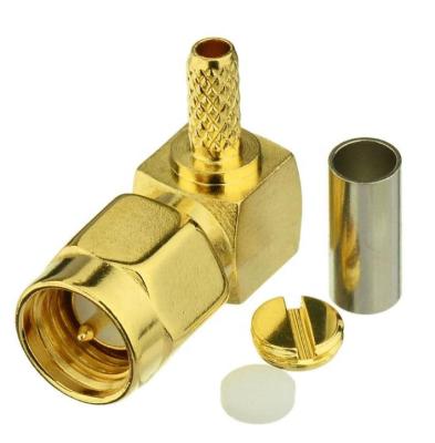 China Microwave Connector SMA Male Plug 90 Degree Right Angle Crimp Type For RG213 RG58 RG213 LMR100 RG316 RG174 Cable Gold Plated for sale