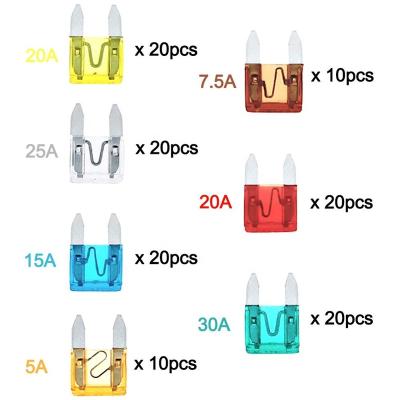 China Mini Fuse Zinc Mini Auto Fuse 120pcs Assorted Kit Set ATM Replacement With Fuse Puller 5A 7.5A 10A 15A 20A 25A 30A 35A 40A for sale