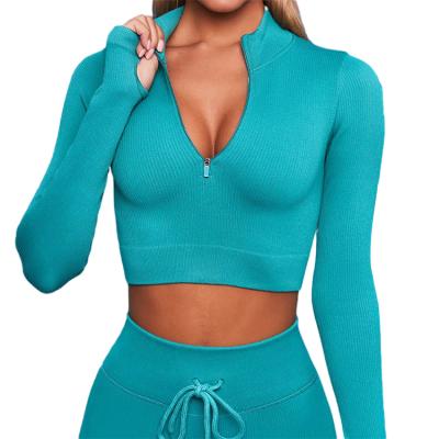 China Dropshipping Breathable Zipper Sweater Activewear Sports Top Seamless Knitted Tight Running Workout Clothes Fitness Yoga Set for sale