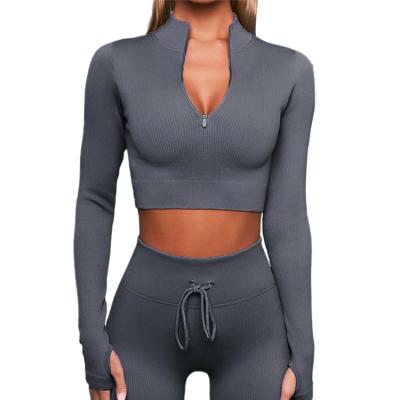 China Factory Price Gym Fitness Breathable Activewear Seamless Zipper Chest Full Sleeve Women's Breathable Long Sleeve Fitness Yoga Set for sale