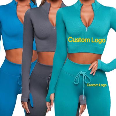 China 2021 New Breathable Gym Fitness Ribbed Yoga Set Seamless Long Sleeve Zipper Women's Yoga Set for sale