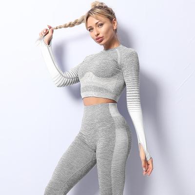 China Breathable Breathable Yoga Suit Female Fitness Clothes Exercise Long High Waist Seamless Sheath Pants Sports Suit 3 Piece Set for sale