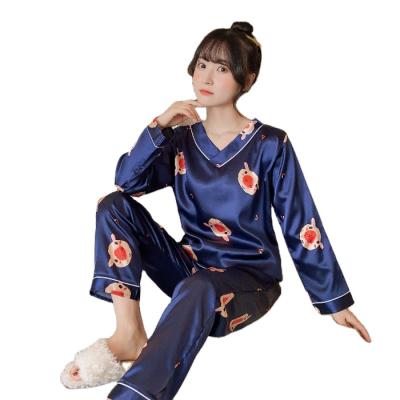 China QUICK DRY Women's Pajamas Sets Long Pajamas Nightgowns Sleep Suit Fruit Printing V Collar Satin Silk Pajamas Sets for sale