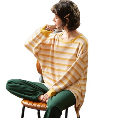 China Breathable Women Pajamas Set Striped Cotton Long Sleeve Sleepwear With Long Pants Soft Pajamas Lounge Set for sale