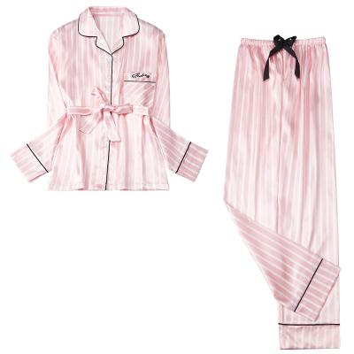 China Manufacturer QUICK DRY Winter Ladies Girls Long Sleeve Satin Pajamas Pink Stripe Custom Women Pajamas for sale