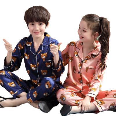 China Children's Silk Satin Pajamas Children Autumn Spring Long Pajamas Suit Cartoon Bear Print QUICK DRY Unisex Children for sale