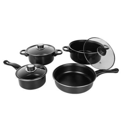 China Sustainable 7 Pcs Carbon Steel Nonstick Cookware Set Including Sauce Pan, Sauce Pot and Frying Pan with Glass Lid for sale