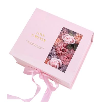 China Recyclable Wholesale Custom Luxury Rectangle Flower Gift Box Valentines Day Gift Packaging Sets Flower Boxes With Ribbon And Clear Window for sale