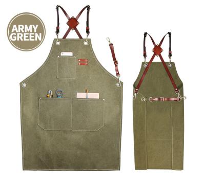 China Drinks/Food Bar Apron Army Green Canvas With Leather Apron Bartender Craft Work Apron Florist for sale