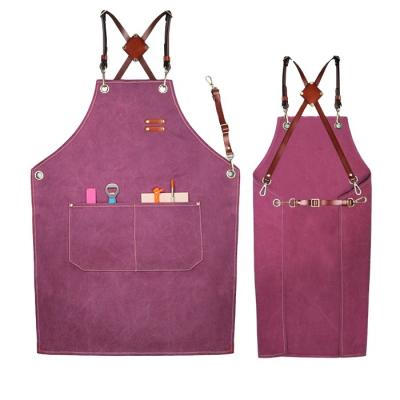 China Beverage/Food Factory Cotton Cook Bartender Uniform Baker Apron Handmade Cross Canvas Leather Kitchen Back Work Apron for sale