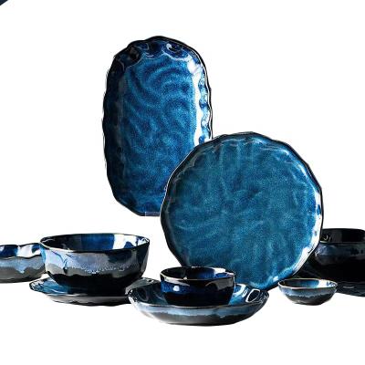 China Viable Hot Selling Blue Japanese Style Hotel Family Lace Atrovirens Restaurant Porcelain Dish Bowl Set for sale