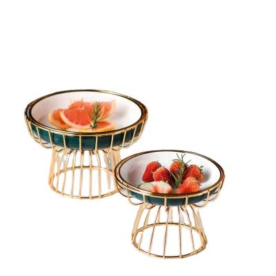 China Stocked handmade ceramic salad bowl, luxury fruit bowl for dessert Nordic style with metal stand for sale